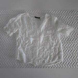 Fenini Linen Emboidred White Short Sleeve Blouse